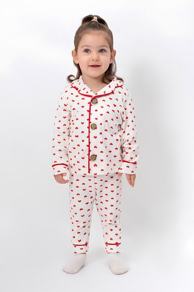 irkkids Girls Heart Motif Pajama Set - Front Button Cotton Top and Bottom Top