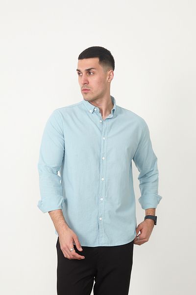 JR Boutique Ανδρικό βαμβακερό Basic μακρυμάνικο πουκάμισο χωρίς τσέπη - Μπλε