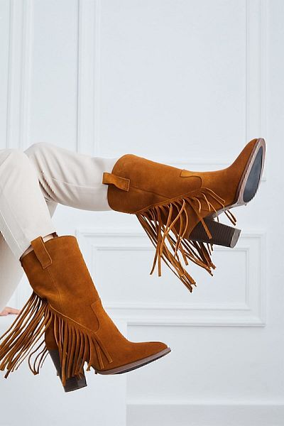 Deery Γνήσιες γυναικείες μπότες Western Tassel σε χρώμα Suede Tan