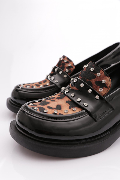 DGN Yüksek Taban Taş Detaylı Loafer Kadın Ayakkabı Siyah Rugan Leopar 3212535