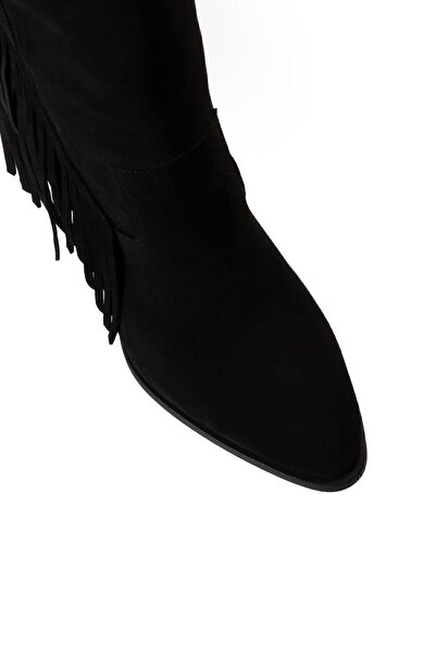 Deery Hakiki Süet Siyah Western Püsküllü Kadın Bot