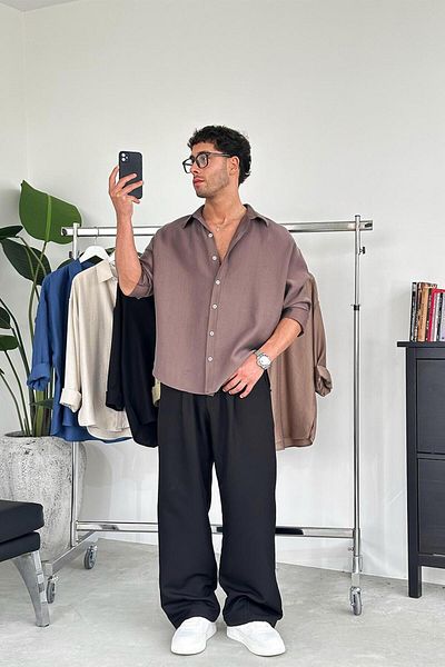 HAFKAGİYİM Καφέ Soft Premium Oversize πουκάμισο