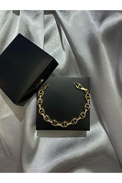 Gold zirkon taşlı oval H çelik bileklik