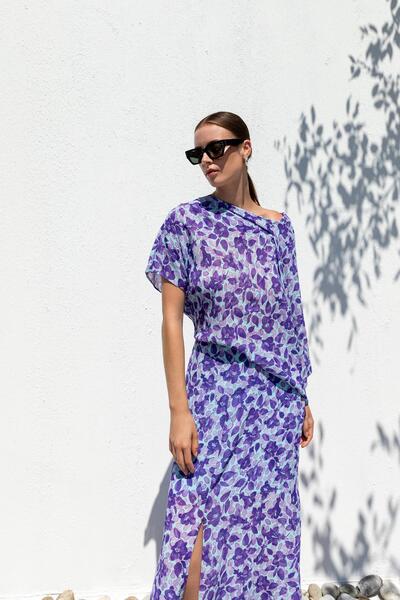 KAMEYA ASİMETRİK KESİM ÇİÇEK DESEN ELBİSE 25S40770