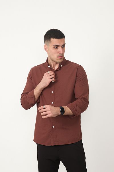 JR Boutique Мъжка памучна риза с дълъг ръкав без джобове - кафява