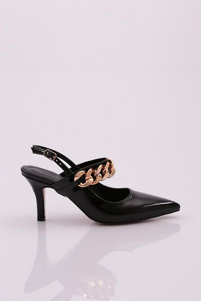 DGN 605 Accesorii pentru femei Pantofi cu toc cu bretele Piele lacuita neagra