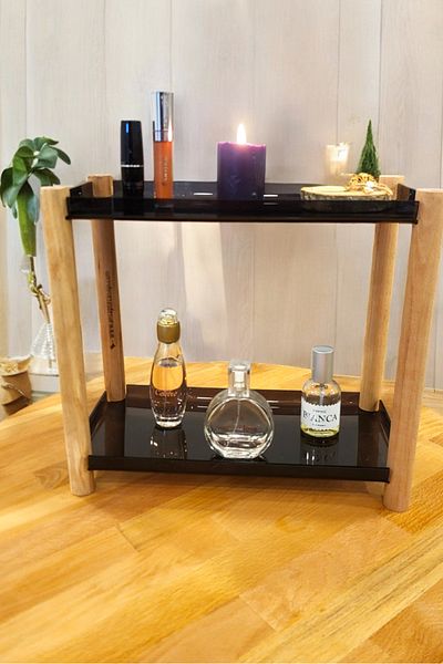PEKA 2 Shelves Decorative Wooden Leg Plexiglass Organizer - Makeup & Jewelry Organizer Stand