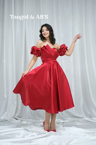 Tangül&Ali'S Moda Evi Satin Red Midi Dress with Pockets