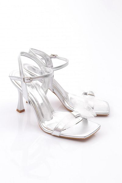 DGN Pantofi cu toc cu model cu panglici metalice argintii de damă - 51143564