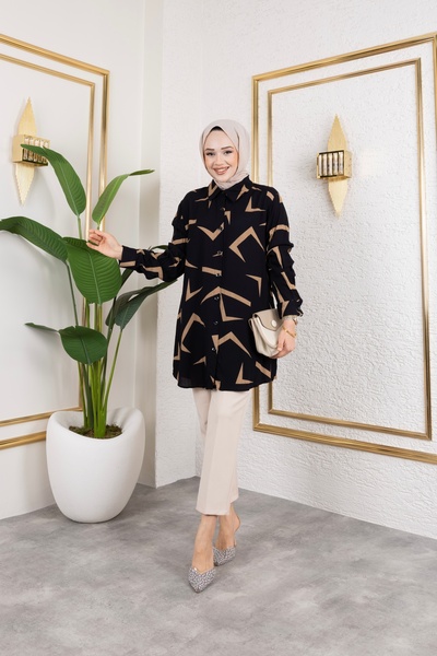 Sfg Life Moda Women's Hijab Clothing & Sportswear Suitable Button Detail Stylish Patterned Woven Viscose Shirt-Tunic