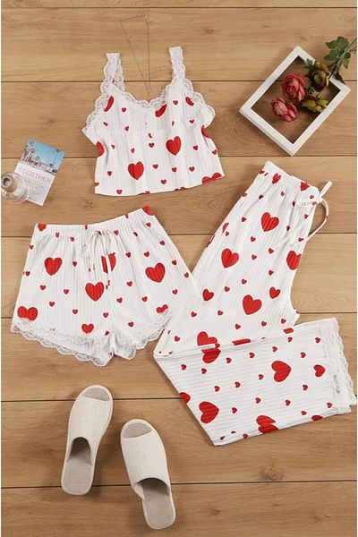 BELLA NOTTE 3 Piece Cotton Heart Patterned Pajamas Set