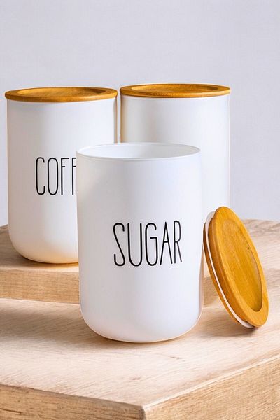Mirilliahome Set of 3 White Glass Jars with Bamboo Lids - Tea, Coffee, Candy Jar