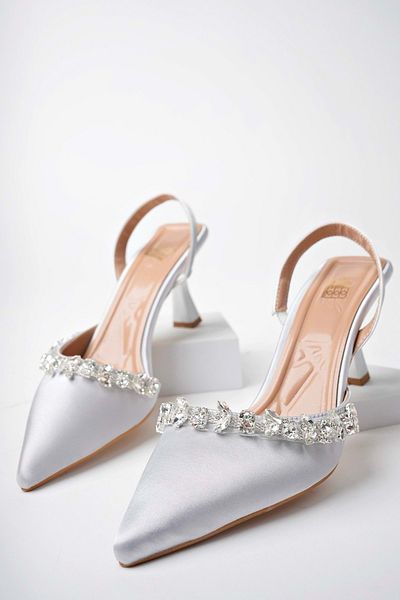 bulutmod Ba04456 Silver Women's Leaf Stone Elastic Soft Sole 6 cm Heeled Shoes