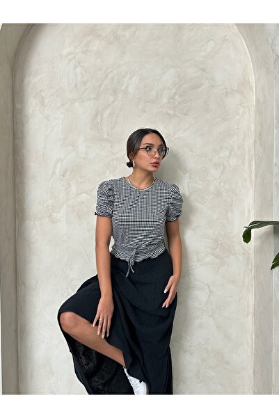 Miss Allos Γυναικεία μπλούζα με λάστιχο μέσης με κοντό μανίκι Gingham με σχέδιο