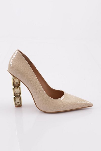 DGN 0992 Model Beige Pointed Toe Women's Heeled Shoes - Laser Cut Patent Leather
