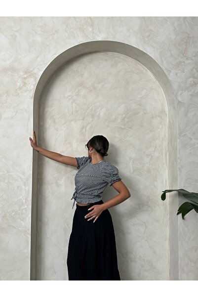 Miss Allos Γυναικεία μπλούζα με λάστιχο μέσης με κοντό μανίκι Gingham με σχέδιο