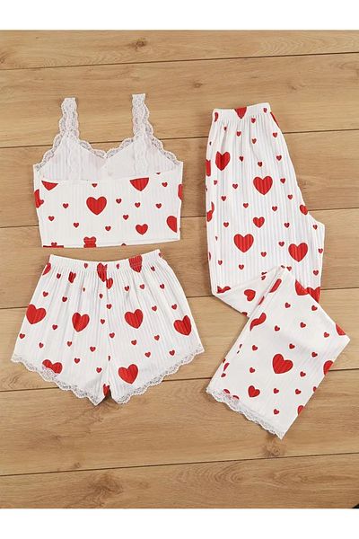BELLA NOTTE 3 Piece Cotton Heart Patterned Pajamas Set