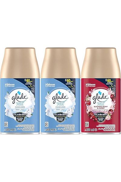 Glade Automatic Spray Refill 2x Clean Linen &1x Blooming Peony & Cherry, 3x 269ml, 60 Days Freshness