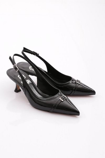 DGN 6861 Pantofi cu toc de damă cu curea decorativă din piele neagră