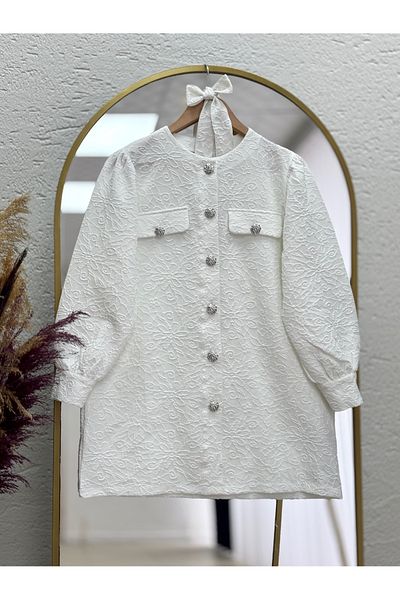 Ebrar Store White Rosa Embossed Floral Print Jacket - Eu2306