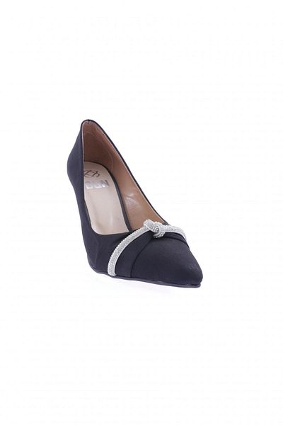 DGN S1310 Women's Twisted Silver Stone Accessory Heeled Shoes Black Satin Genuine Leather