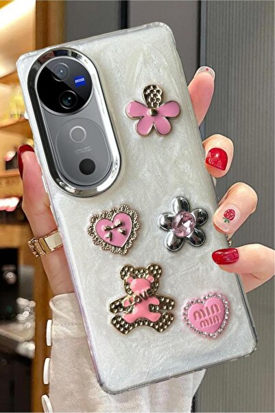 3GEN CASE غطاء صلب لامع لهاتف Vivo V40 وVivo S19 Pro متوافق مع شريط حجري ثلاثي الأبعاد على شكل فراشة وقلب لامع