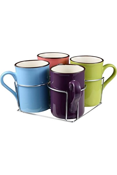 Millerhaus 5Pc Mug Set Stoneware Set Include 4Pc Mug 280ML 1Pc Chrome Stand Multicolor