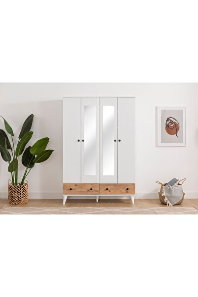 Vivense DÜĞME KULPLU GARDIROP, 4 KAPAKLI 2 ÇEKMECELİ, BEYAZ ATLANTİK ÇAM