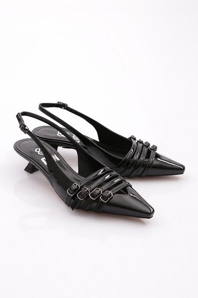 DGN 6351 Pantofi cu toc pentru femei, cu toc scurt, din piele lacuita neagra