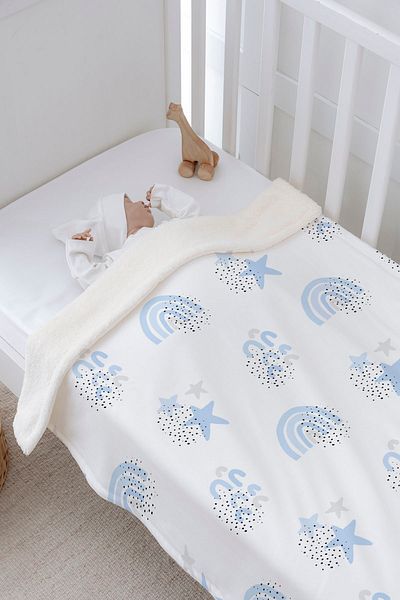 Tuğba Kuğu Plush Double Face Blanket - Blue Star and Rainbow