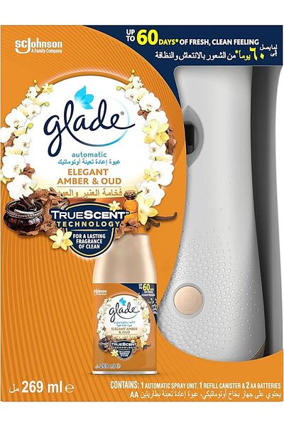 Glade 2x Spray Holder + 2x Air Fresheners, Elegant Amber & Oud, Blooming Peony & Cherry, 60 Days