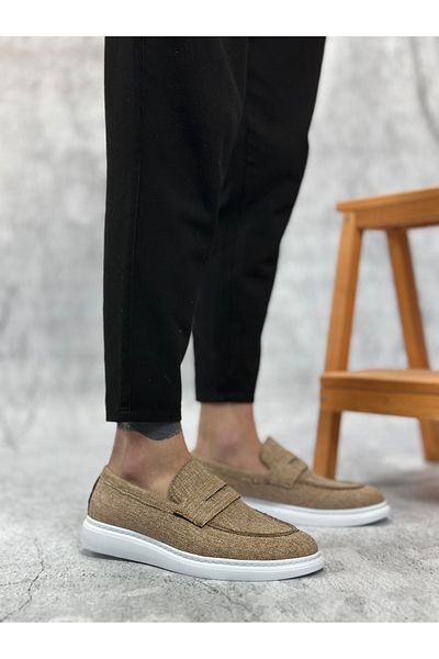 BESKAR BA0355 Ανδρικά παπούτσια από λινό μουστάρδα Classic Corcik χωρίς κορδόνια