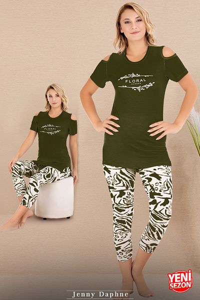 Jenny Daphne Set de pijamale capri cu mâneci scurte cu mâneci scurte, cu detaliu deschis la umeri, cu model de culoare verde, 12070