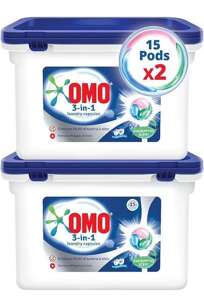 Omo 3-in-1 Laundry Capsules, Eucalyptus Stain Removal Detergent, 15 pods x 2 (Pack of 2)