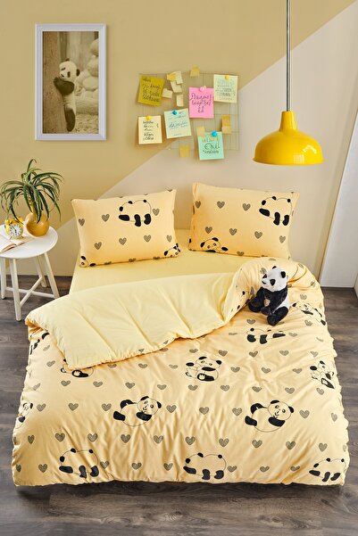 Valezium YELLOW PANDA Single Patterned Duvet Cover Set with Elastic Sheet and 1 Pillowcase