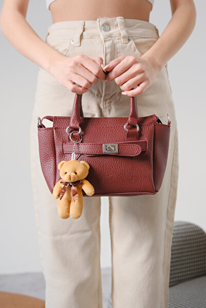 Moda Değirmeni Claret Red Women's Stylish Baguette Hand and Shoulder Bag with Teddy Bear Md1275-316-0002