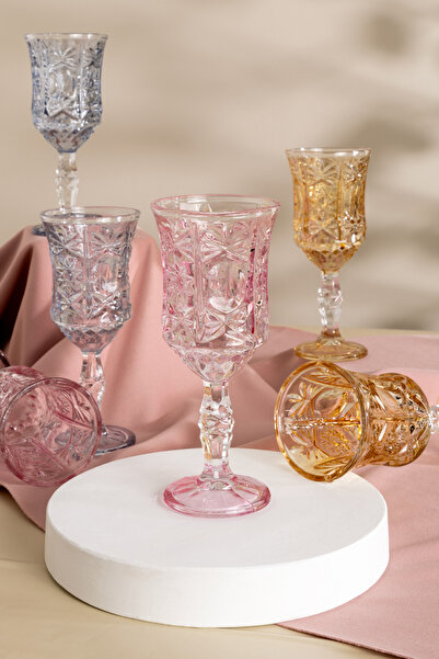 MEST 6 Adet 3 Renk Ayaklı Kahve Yanı Su Bardağı Seti - 140 cc (Bal Renk, Pemb...