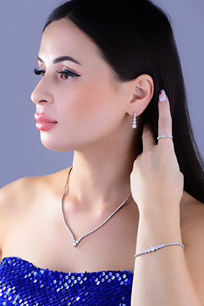 BARIŞ TAKI 925 Ayar Gümüş V Model Pırlanta Montör Su Yolu Set