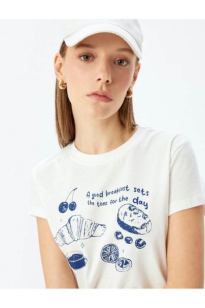 Koton Crew Neck Slim Fit Short Sleeve Fruit Printed T-Shirt