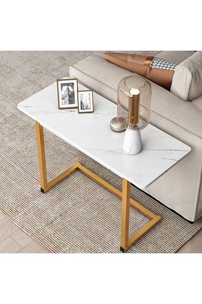 sharpdo Sofa End Table, C-Shaped Side Coffee Table With Marble Design