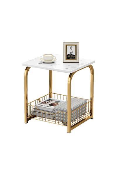 sharpdo Modern End Table With Storage Basket Sofa Side Table With Marble Design For Living Room