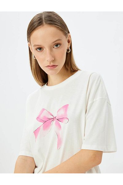 Koton Crew Neck Bow Printed Comfortable Fit Short Sleeve T-Shirt
