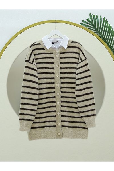 Modamorfo Round Neck Striped Buttoned Soft Knitwear Cardigan - Brown