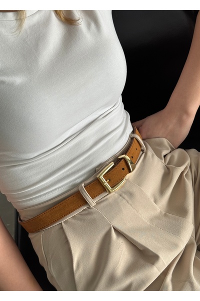 KİLİGİSTANBUL Brax Square Buckle Brown Suede Belt 100 cm