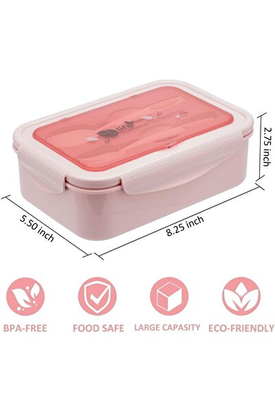 COOYA 3 Compartments Bento Boxes,1400 ML Leak Proof Bento Lunch Box with Spoon Fork and BPA Free（Pink）