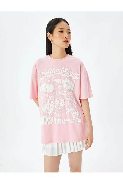 Koton Slogan Printed Oversize Pink Women's T-Shirt 5Sal10074Ik