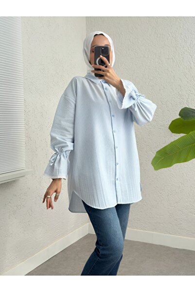 Modamorfo قميص ملفوف بتفاصيل دانتيل أزرق - أكمام مربوطة