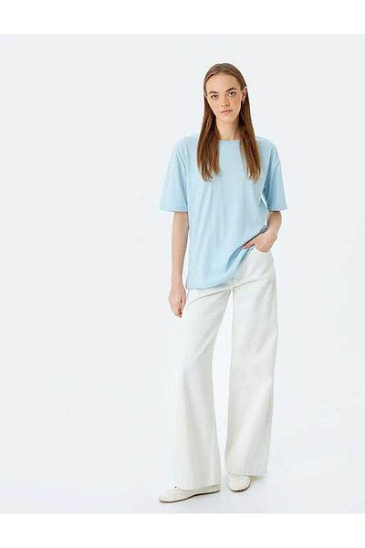 Koton Tricou de damă oversize albastru cu imprimeu pe spate 5sal10198ık