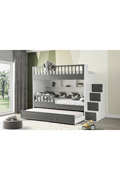 miracool Zümrüt Ranza / Beyaz-antrasit / Ücretsiz Kurulum / 3 Yatak Bölümü Ve Dolaplı Merdiven / %100 MDF