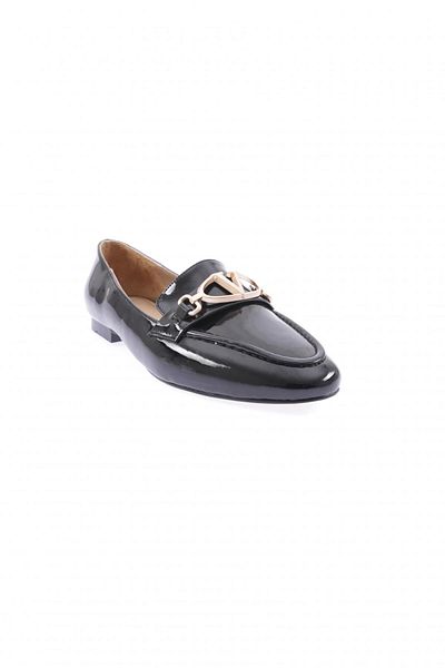 DGN Women's V Buckle Loafer Black Wrinkled Patent Leather 26521085